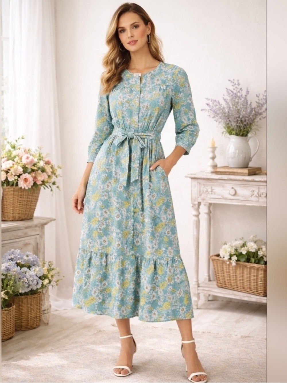 Pink City Prints Dress Georgie Maxi Belted in Blue Yellow Floral - Picture 1 of 4